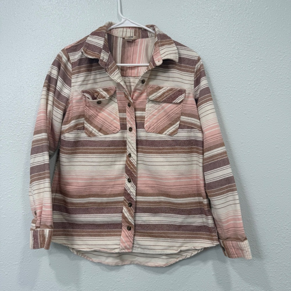 Duluth Trading Co Womens Pink Brown Striped Flannel Button Down Shirt Medium